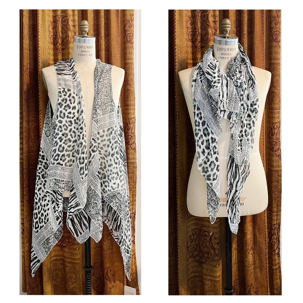 Mixed Animal Print Plus Size 2-Way Draping Scarf Vest- Black/White- New w/ Tags